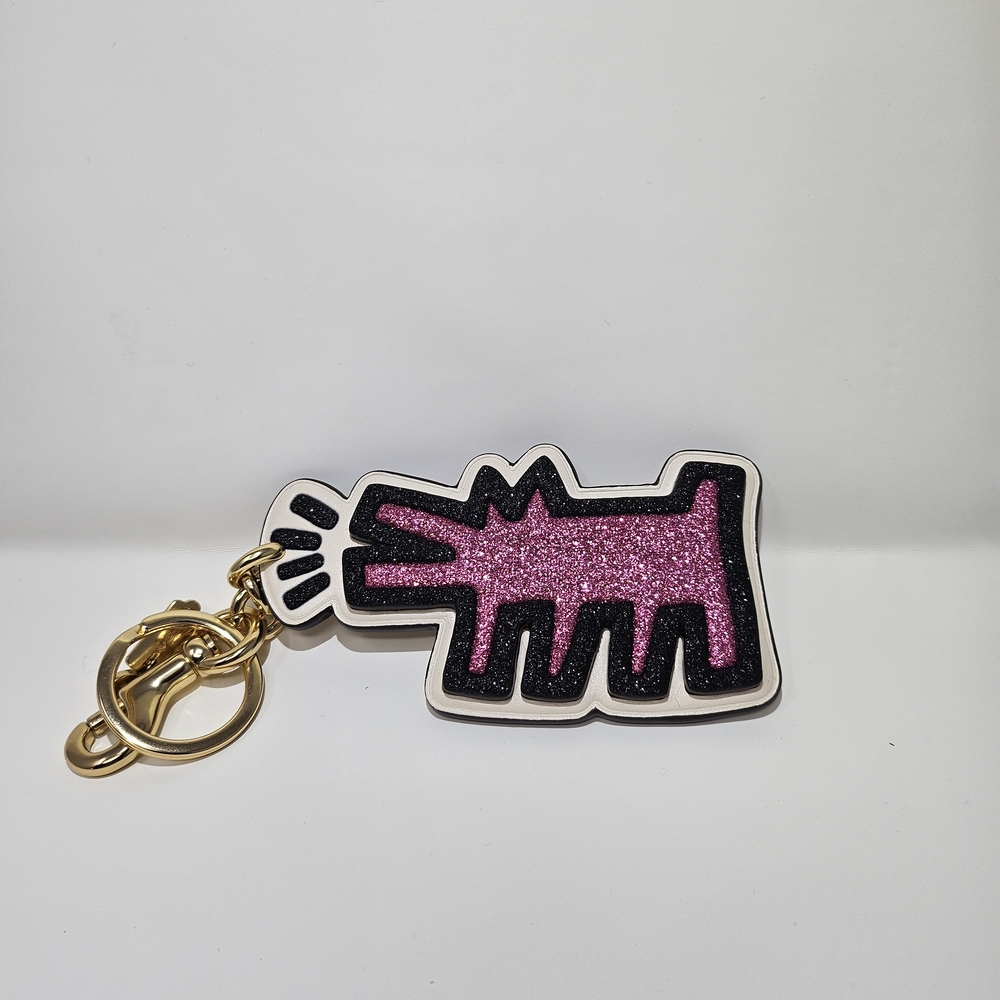 Caoch X Keith Haring Leather Pink and Black Barking Dog Keychain